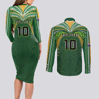Custom Cook Islands Rugby League Couples Matching Long Sleeve Bodycon Dress and Long Sleeve Button Shirt Tatau Tribal Motifs-Dark Green Color - Polynesian Pride