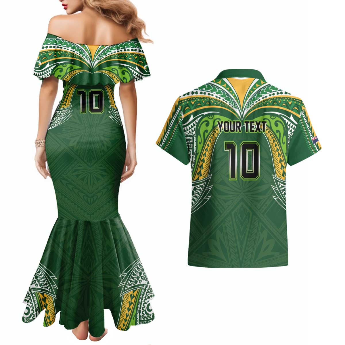 Custom Cook Islands Rugby League Couples Matching Mermaid Dress and Hawaiian Shirt Tatau Tribal Motifs-Dark Green Color - Polynesian Pride