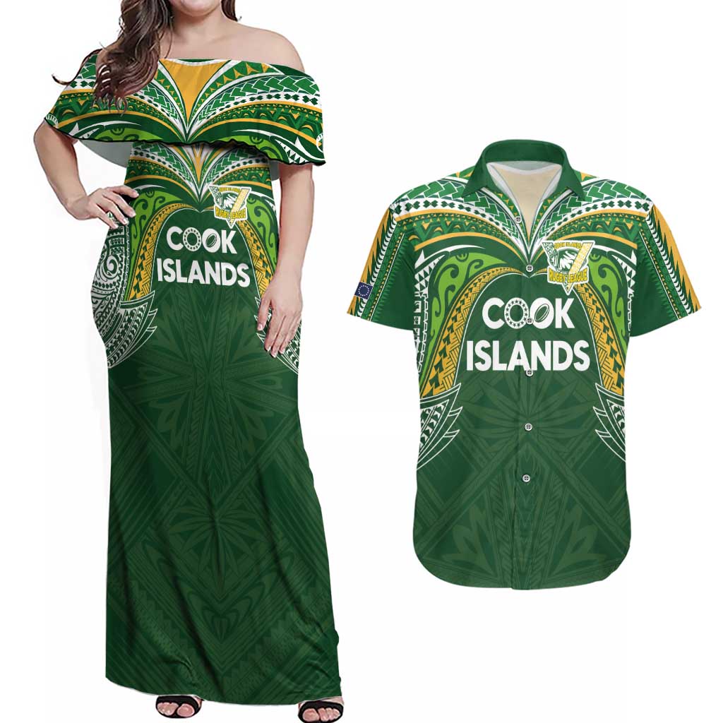 Custom Cook Islands Rugby League Couples Matching Off Shoulder Maxi Dress and Hawaiian Shirt Tatau Tribal Motifs-Dark Green Color - Polynesian Pride