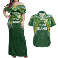 Custom Cook Islands Rugby League Couples Matching Off Shoulder Maxi Dress and Hawaiian Shirt Tatau Tribal Motifs-Dark Green Color - Polynesian Pride