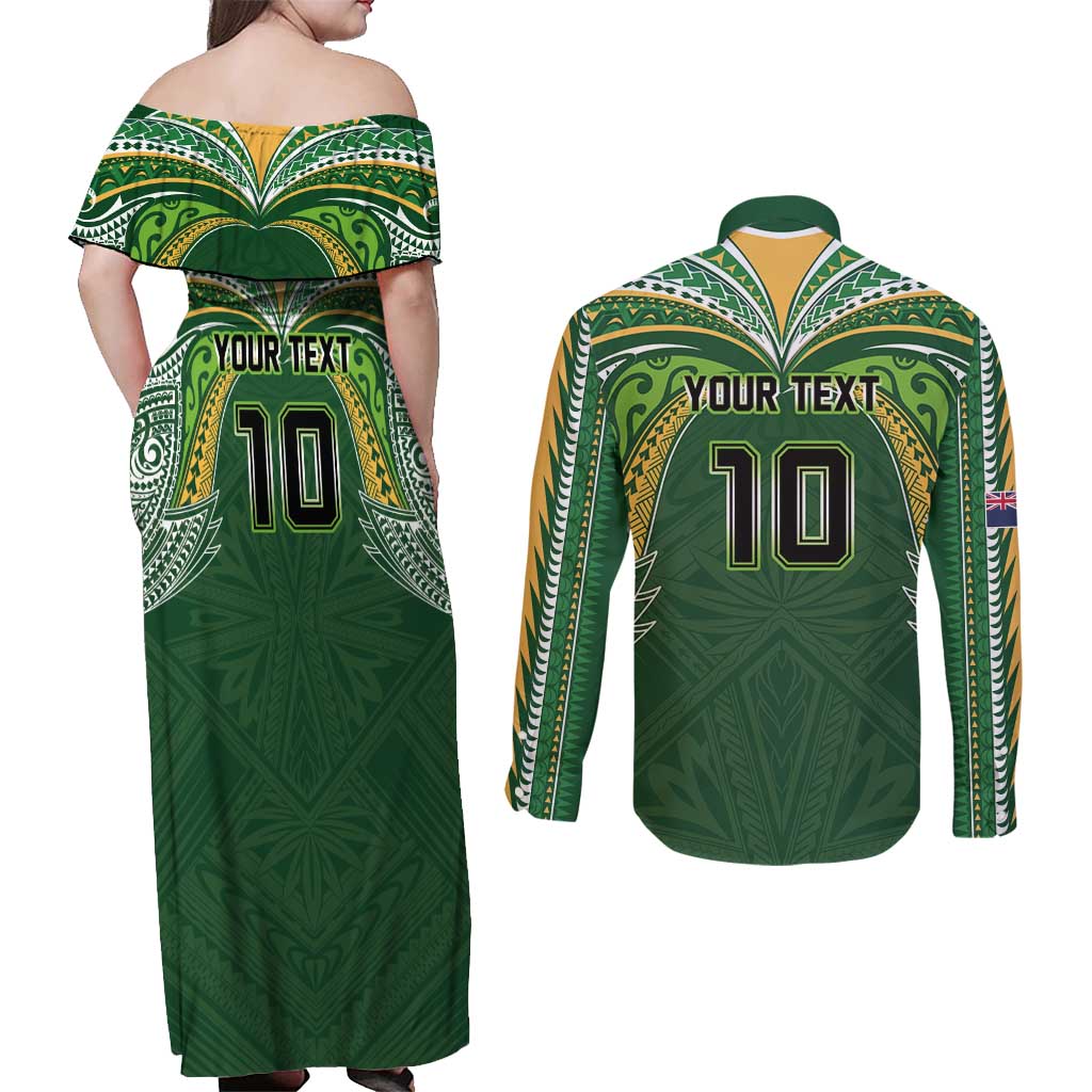 Custom Cook Islands Rugby League Couples Matching Off Shoulder Maxi Dress and Long Sleeve Button Shirt Tatau Tribal Motifs-Dark Green Color - Polynesian Pride
