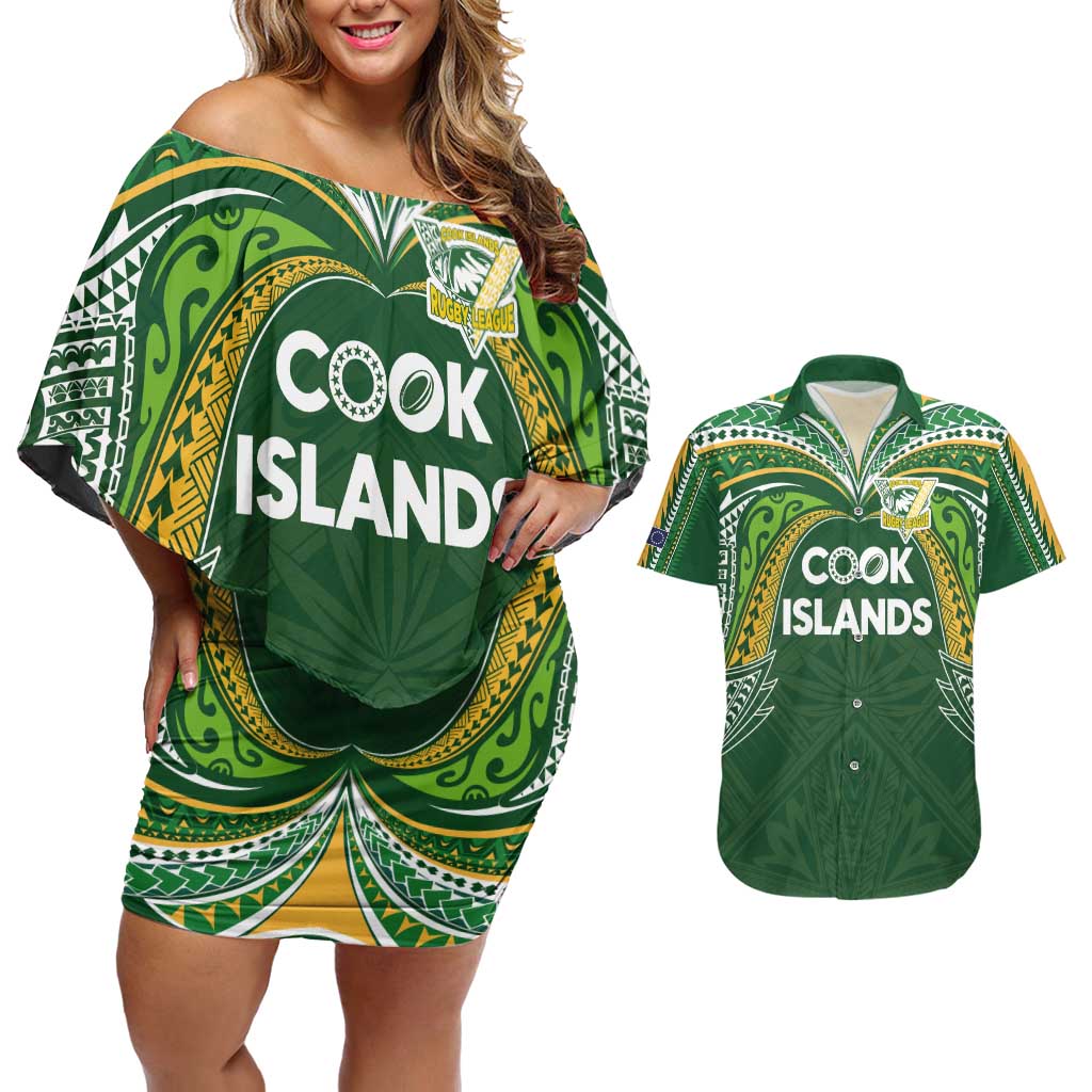 Custom Cook Islands Rugby League Couples Matching Off Shoulder Short Dress and Hawaiian Shirt Tatau Tribal Motifs-Dark Green Color - Polynesian Pride