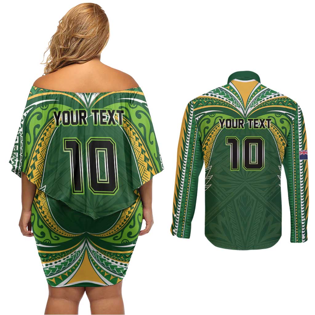 Custom Cook Islands Rugby League Couples Matching Off Shoulder Short Dress and Long Sleeve Button Shirt Tatau Tribal Motifs-Dark Green Color - Polynesian Pride