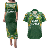 Custom Cook Islands Rugby League Couples Matching Puletasi and Hawaiian Shirt Tatau Tribal Motifs-Dark Green Color - Polynesian Pride