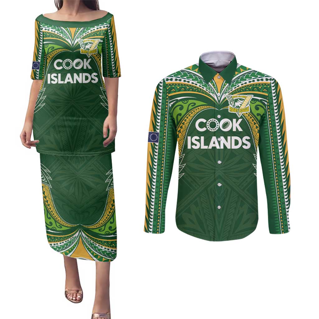 Custom Cook Islands Rugby League Couples Matching Puletasi and Long Sleeve Button Shirt Tatau Tribal Motifs-Dark Green Color - Polynesian Pride