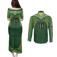 Custom Cook Islands Rugby League Couples Matching Puletasi and Long Sleeve Button Shirt Tatau Tribal Motifs-Dark Green Color - Polynesian Pride