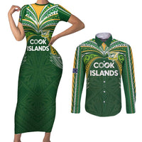 Custom Cook Islands Rugby League Couples Matching Short Sleeve Bodycon Dress and Long Sleeve Button Shirt Tatau Tribal Motifs-Dark Green Color - Polynesian Pride