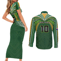 Custom Cook Islands Rugby League Couples Matching Short Sleeve Bodycon Dress and Long Sleeve Button Shirt Tatau Tribal Motifs-Dark Green Color - Polynesian Pride