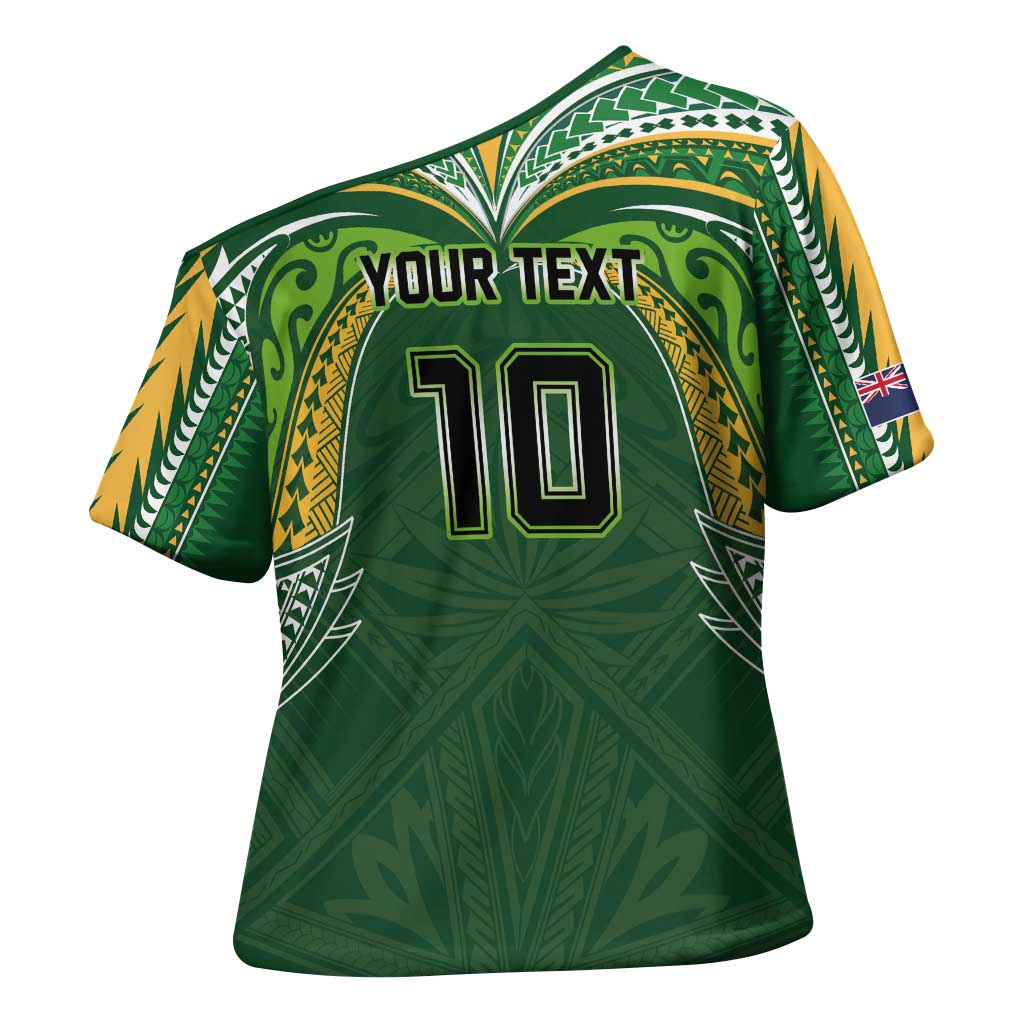 Custom Cook Islands Rugby League Cross Shoulder Shirt Tatau Tribal Motifs-Dark Green Color - Polynesian Pride
