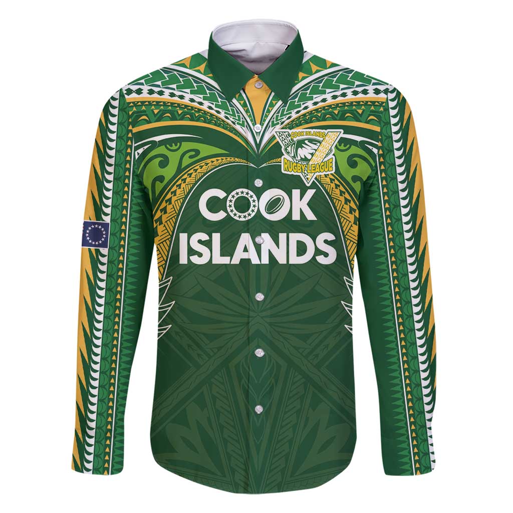 Custom Cook Islands Rugby League Family Matching Long Sleeve Bodycon Dress and Hawaiian Shirt Tatau Tribal Motifs-Dark Green Color - Polynesian Pride