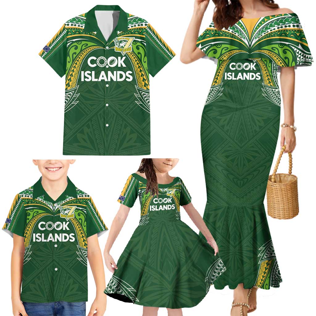 Custom Cook Islands Rugby League Family Matching Mermaid Dress and Hawaiian Shirt Tatau Tribal Motifs-Dark Green Color - Polynesian Pride