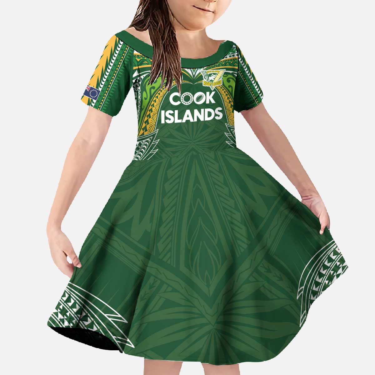 Custom Cook Islands Rugby League Family Matching Off The Shoulder Long Sleeve Dress and Hawaiian Shirt Tatau Tribal Motifs-Dark Green Color - Polynesian Pride