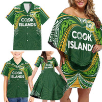 Custom Cook Islands Rugby League Family Matching Off Shoulder Short Dress and Hawaiian Shirt Tatau Tribal Motifs-Dark Green Color - Polynesian Pride