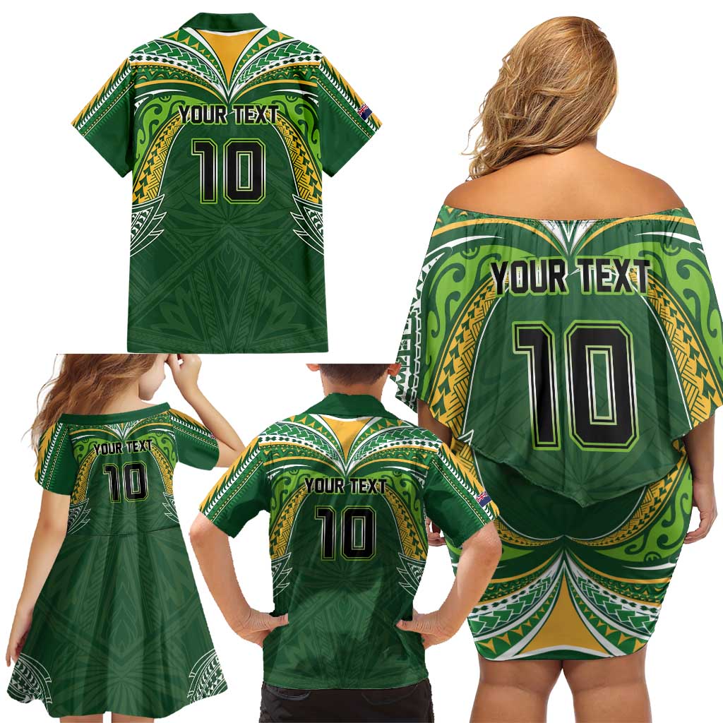 Custom Cook Islands Rugby League Family Matching Off Shoulder Short Dress and Hawaiian Shirt Tatau Tribal Motifs-Dark Green Color - Polynesian Pride