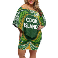Custom Cook Islands Rugby League Family Matching Off Shoulder Short Dress and Hawaiian Shirt Tatau Tribal Motifs-Dark Green Color - Polynesian Pride