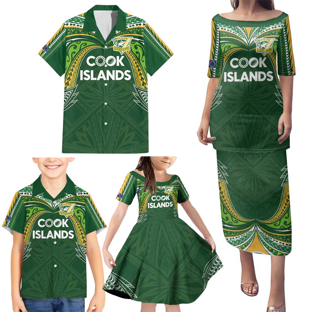 Custom Cook Islands Rugby League Family Matching Puletasi and Hawaiian Shirt Tatau Tribal Motifs-Dark Green Color - Polynesian Pride