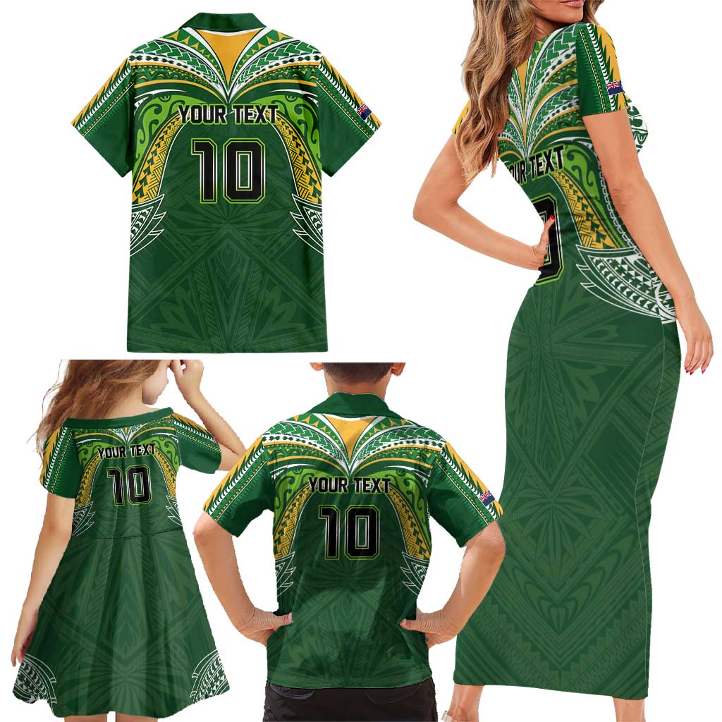 Custom Cook Islands Rugby League Family Matching Short Sleeve Bodycon Dress and Hawaiian Shirt Tatau Tribal Motifs-Dark Green Color - Polynesian Pride