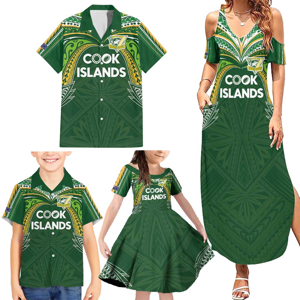 Custom Cook Islands Rugby League Family Matching Summer Maxi Dress and Hawaiian Shirt Tatau Tribal Motifs-Dark Green Color - Polynesian Pride
