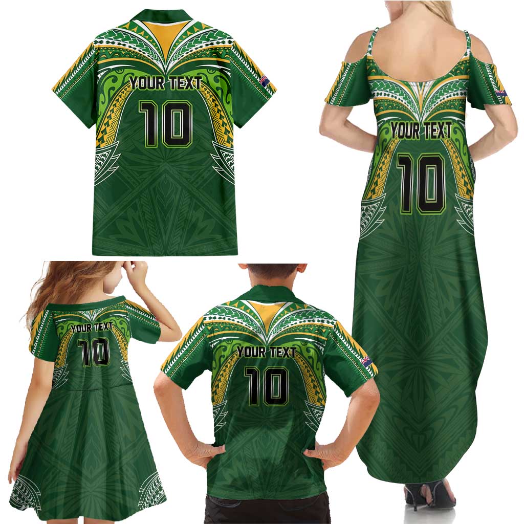 Custom Cook Islands Rugby League Family Matching Summer Maxi Dress and Hawaiian Shirt Tatau Tribal Motifs-Dark Green Color - Polynesian Pride