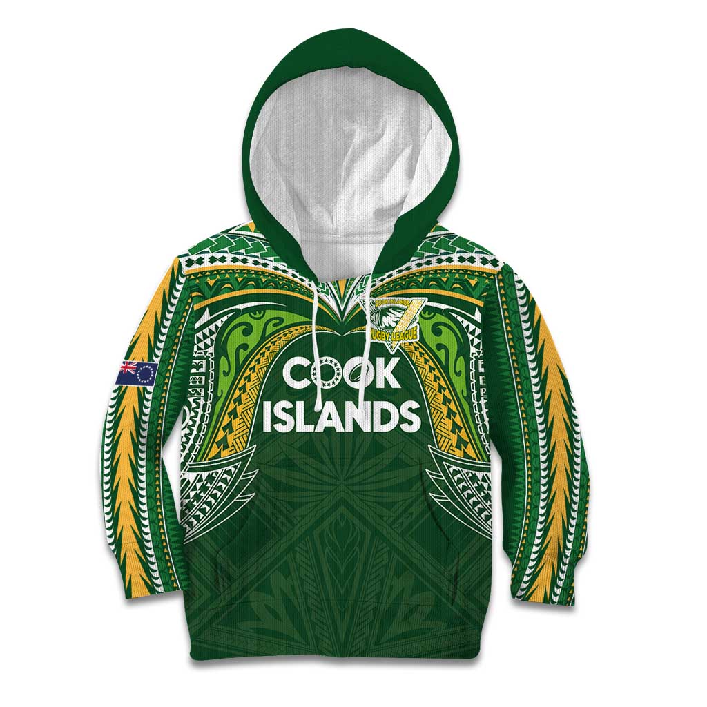 Custom Cook Islands Rugby League Kid Hoodie Tatau Tribal Motifs-Dark Green Color - Polynesian Pride