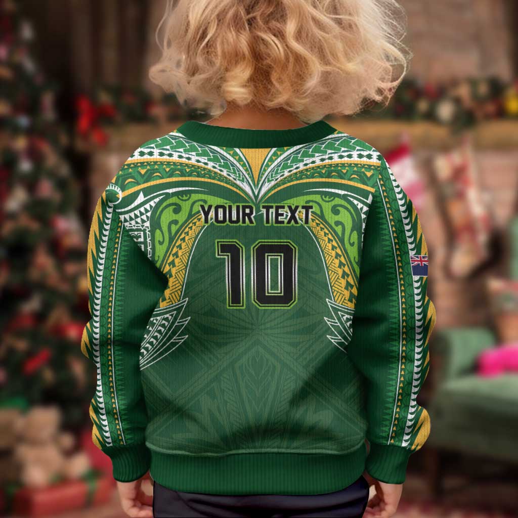 Custom Cook Islands Rugby League Kid Ugly Christmas Sweater Tatau Tribal Motifs-Dark Green Color - Polynesian Pride
