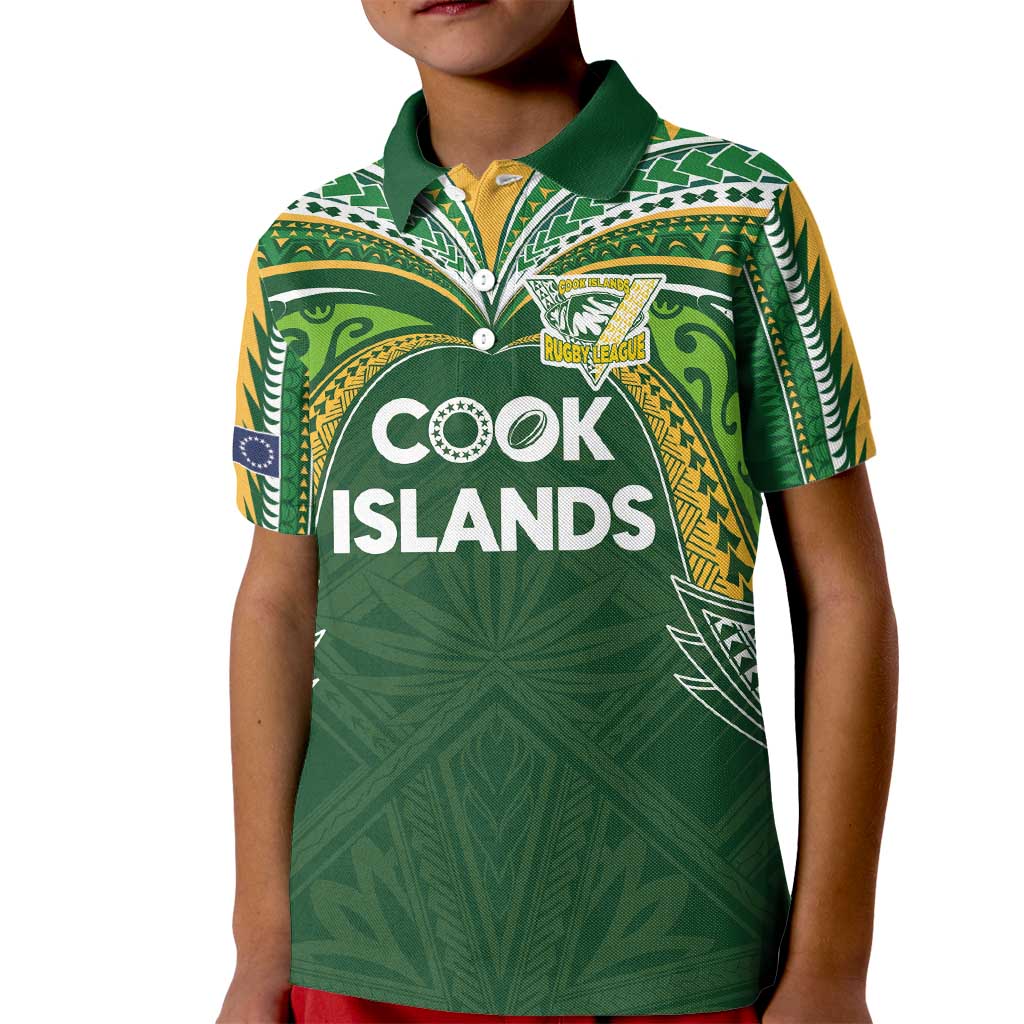 Custom Cook Islands Rugby League Kid Polo Shirt Tatau Tribal Motifs-Dark Green Color - Polynesian Pride
