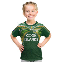 Custom Cook Islands Rugby League Kid T Shirt Tatau Tribal Motifs-Dark Green Color - Polynesian Pride