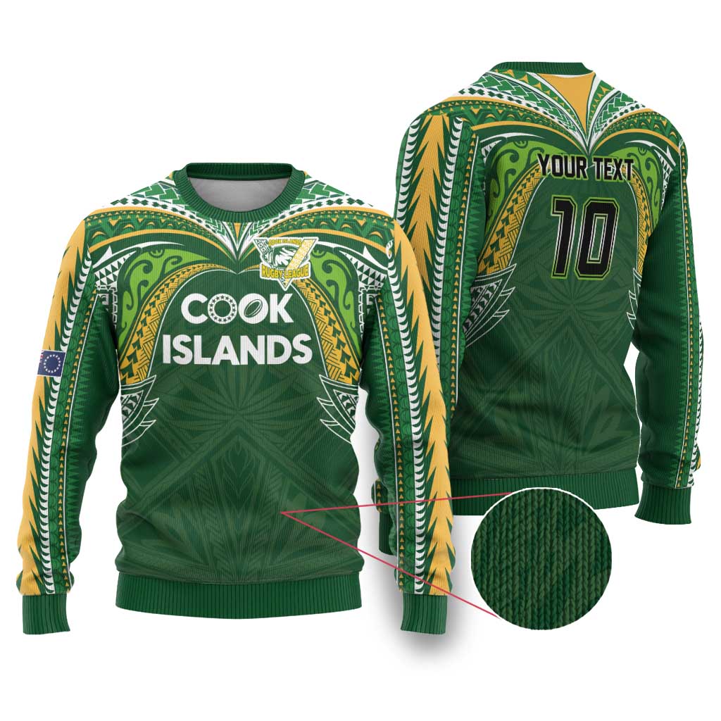Custom Cook Islands Rugby League Ugly Christmas Sweater Tatau Tribal Motifs-Dark Green Color - Polynesian Pride