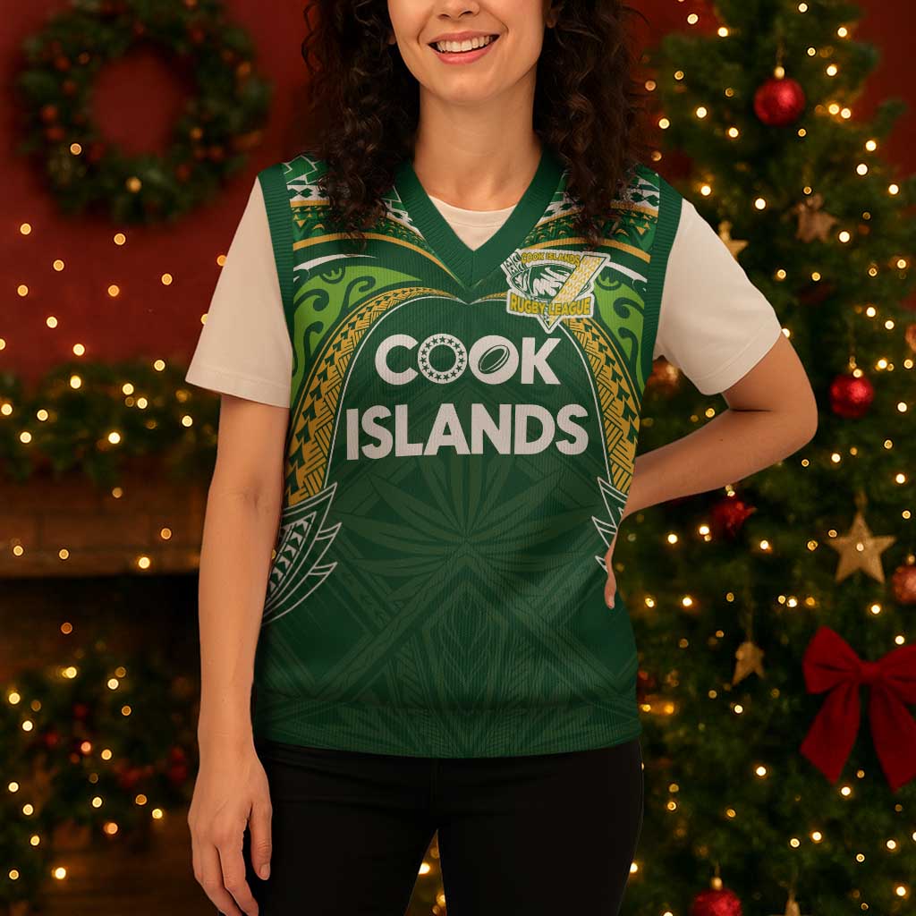Custom Cook Islands Rugby League Christmas Knitted V-Neck Vest Tatau Tribal Motifs-Dark Green Color - Polynesian Pride