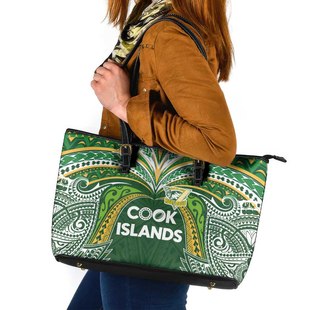 Cook Islands Rugby League Leather Tote Bag Tatau Tribal Motifs-Dark Green Color - Polynesian Pride
