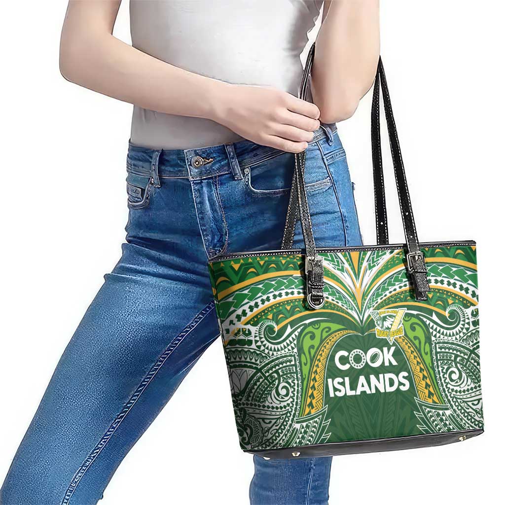 Cook Islands Rugby League Leather Tote Bag Tatau Tribal Motifs-Dark Green Color - Polynesian Pride