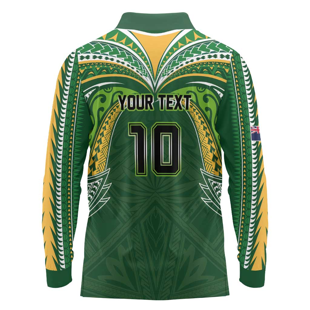 Custom Cook Islands Rugby League Long Sleeve Polo Shirt Tatau Tribal Motifs-Dark Green Color - Polynesian Pride