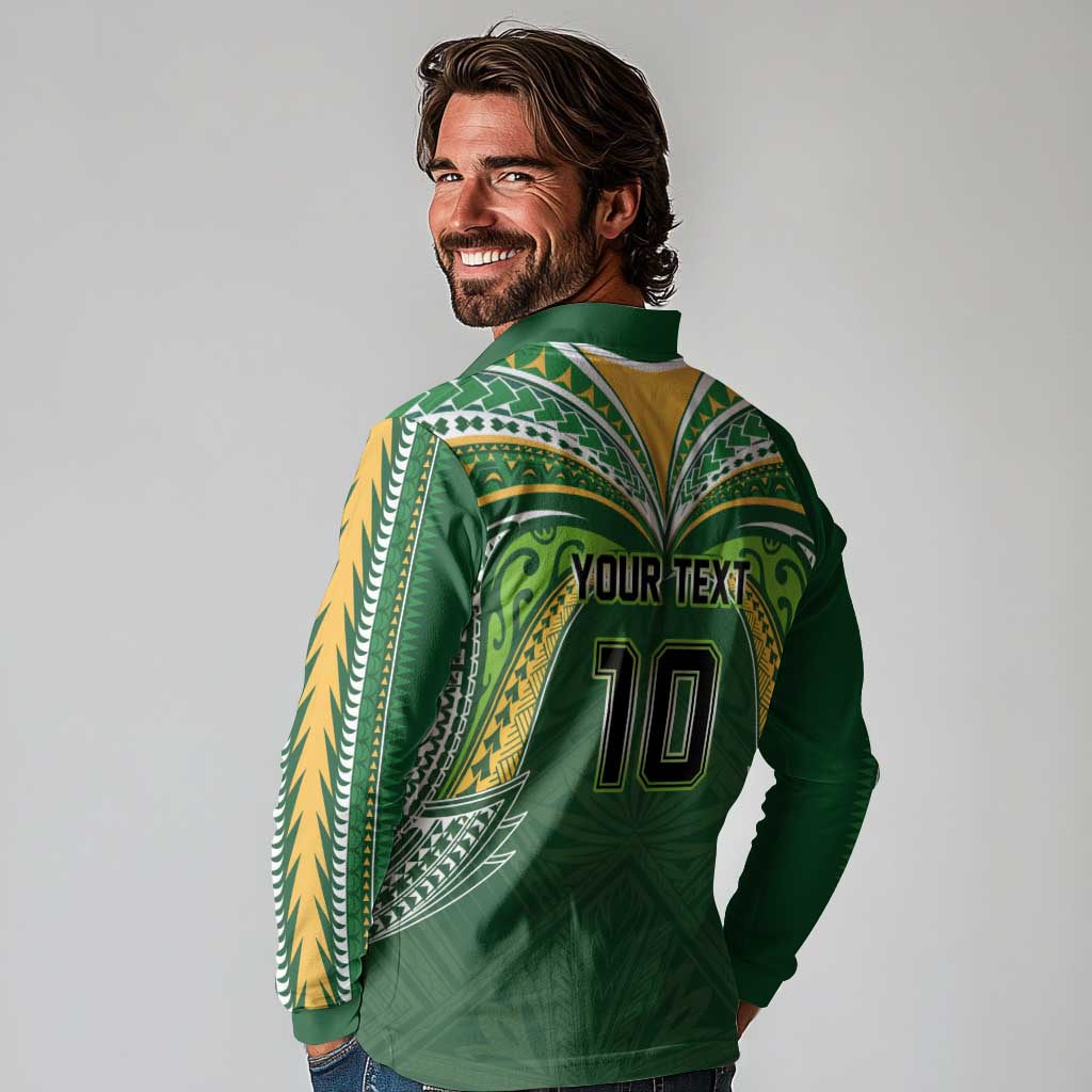 Custom Cook Islands Rugby League Long Sleeve Polo Shirt Tatau Tribal Motifs-Dark Green Color - Polynesian Pride
