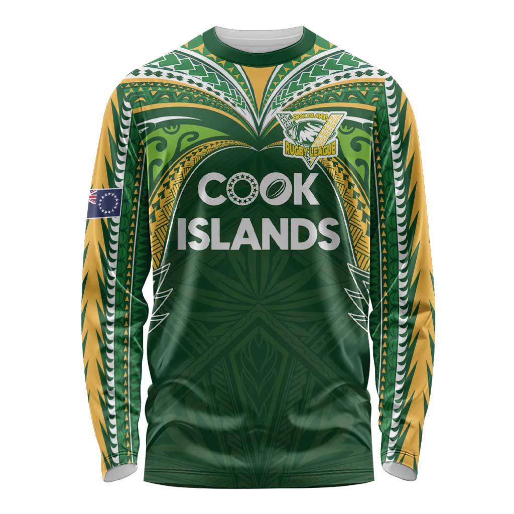 Custom Cook Islands Rugby League Long Sleeve Shirt Tatau Tribal Motifs-Dark Green Color - Polynesian Pride