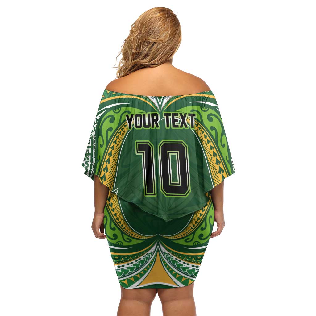 Custom Cook Islands Rugby League Off Shoulder Short Dress Tatau Tribal Motifs-Dark Green Color - Polynesian Pride
