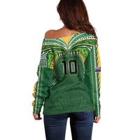 Custom Cook Islands Rugby League Off Shoulder Sweater Tatau Tribal Motifs-Dark Green Color - Polynesian Pride