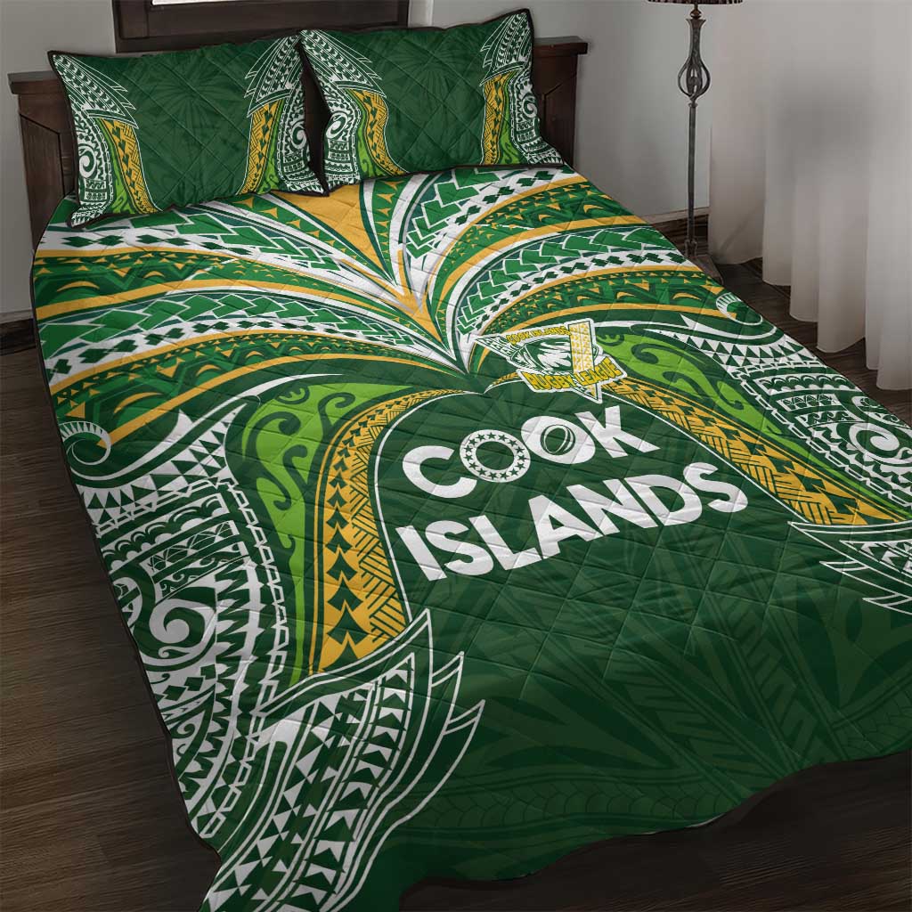 Cook Islands Rugby League Quilt Bed Set Tatau Tribal Motifs-Dark Green Color - Polynesian Pride