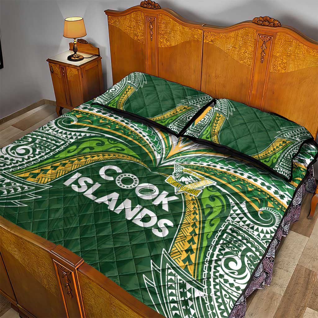 Cook Islands Rugby League Quilt Bed Set Tatau Tribal Motifs-Dark Green Color - Polynesian Pride