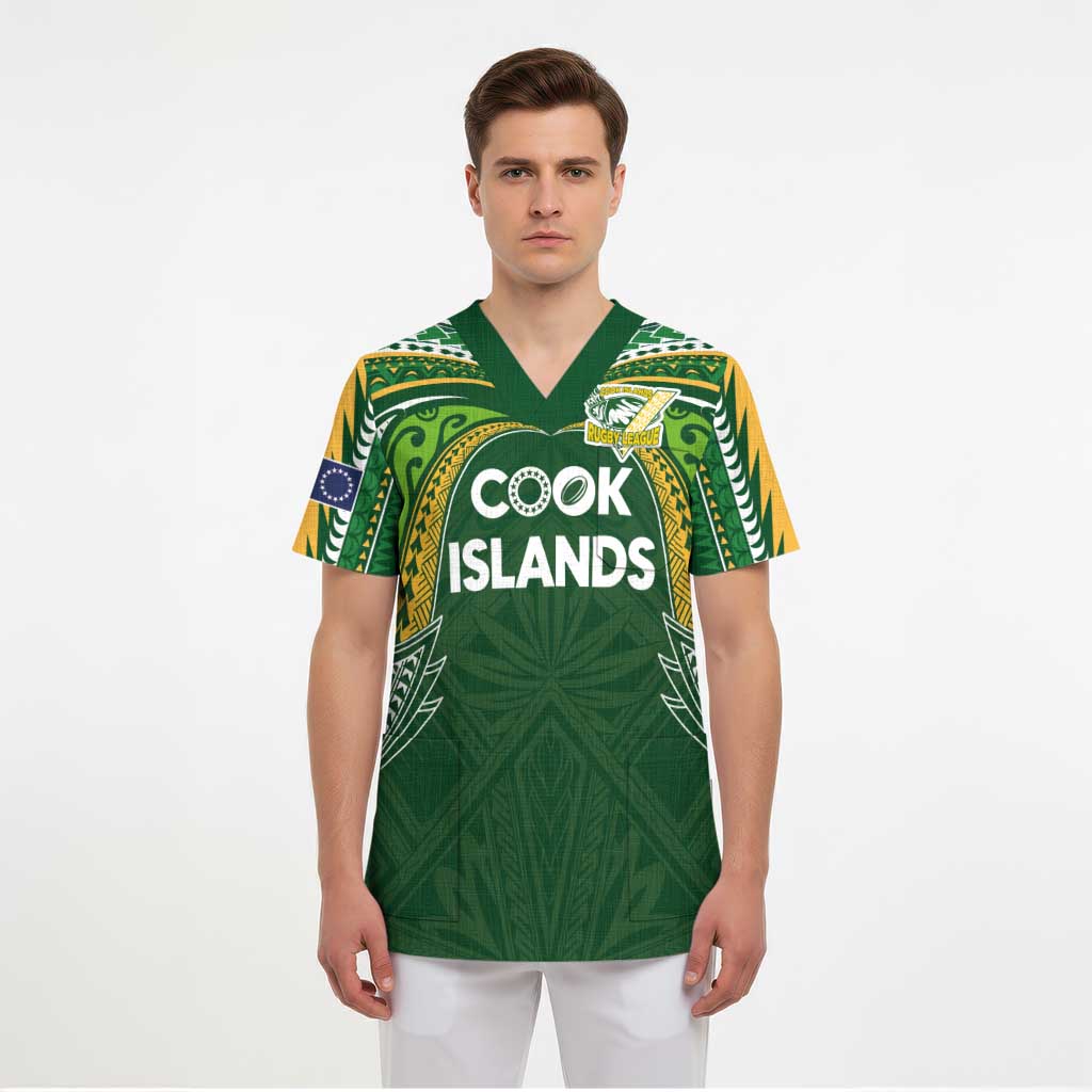 Custom Cook Islands Rugby League Scrub Top Tatau Tribal Motifs-Dark Green Color - Polynesian Pride