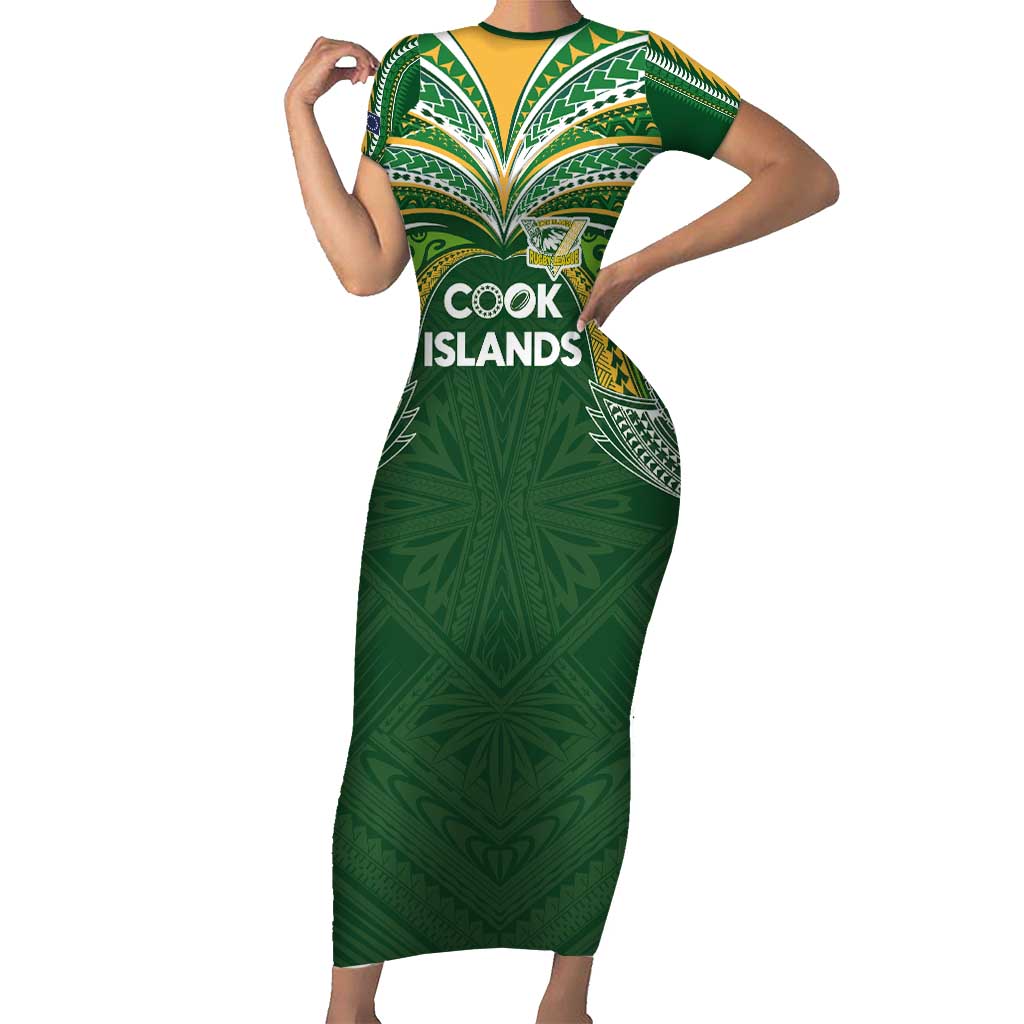 Custom Cook Islands Rugby League Short Sleeve Bodycon Dress Tatau Tribal Motifs-Dark Green Color - Polynesian Pride