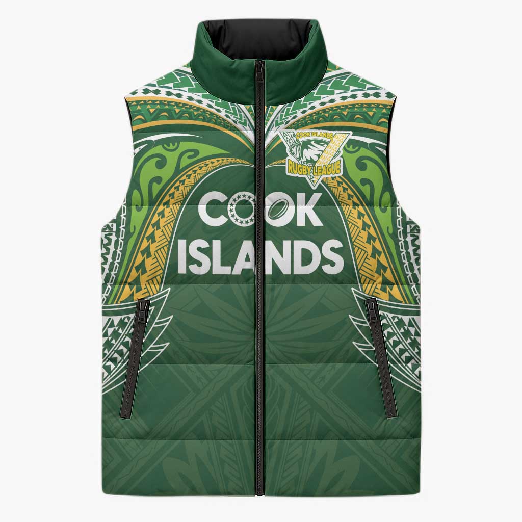 Custom Cook Islands Rugby League Sleeveless Puffer Jacket Tatau Tribal Motifs-Dark Green Color - Polynesian Pride