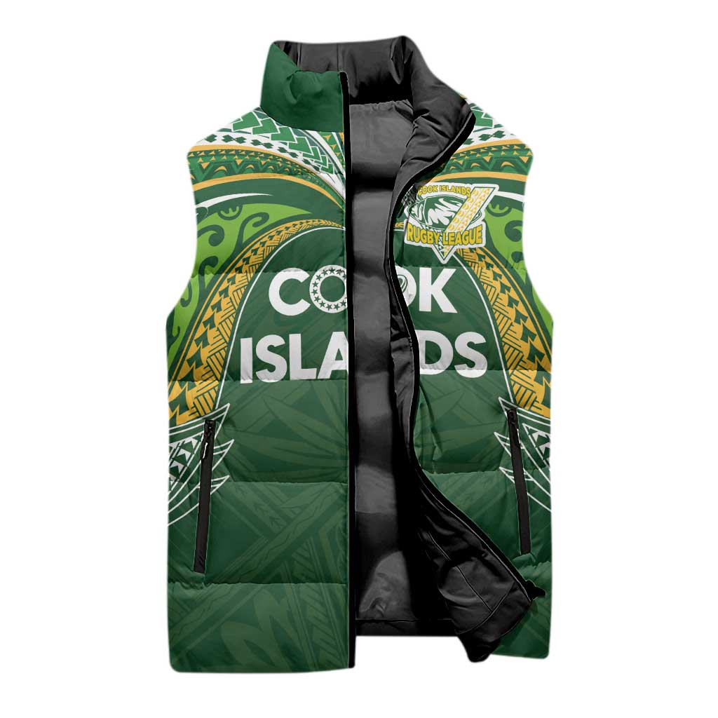 Custom Cook Islands Rugby League Sleeveless Puffer Jacket Tatau Tribal Motifs-Dark Green Color - Polynesian Pride
