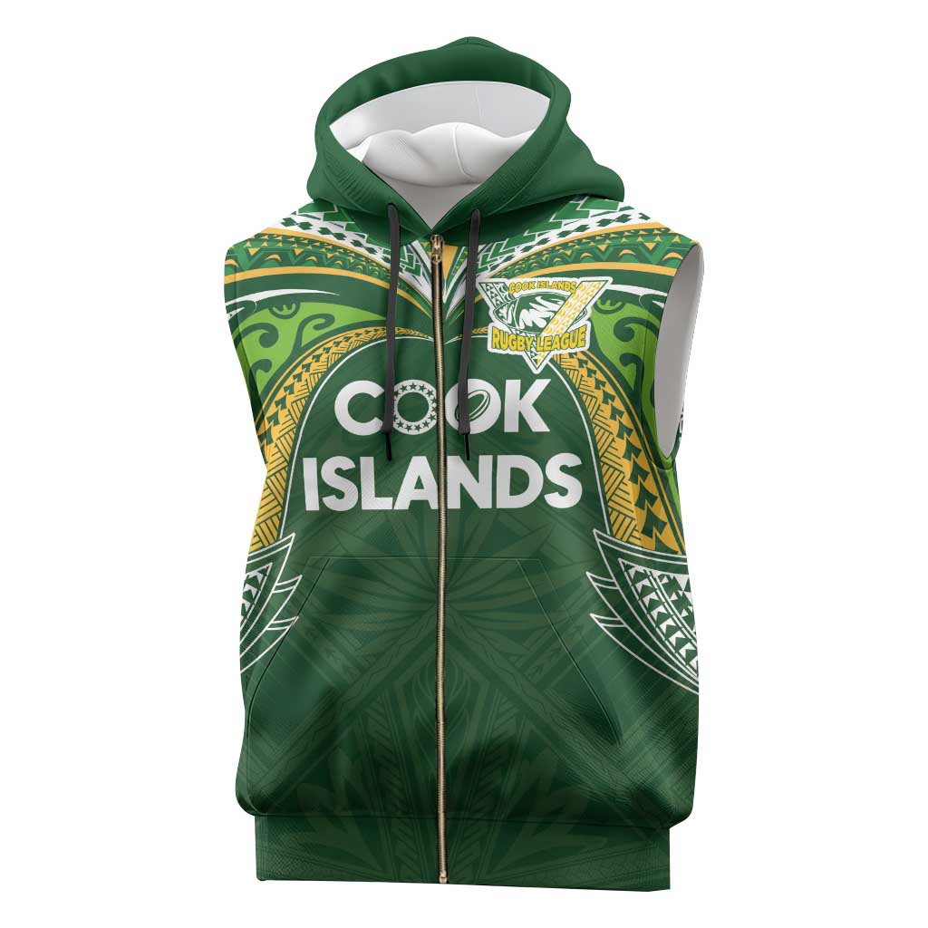 Custom Cook Islands Rugby League Sleeveless Zip Hoodie Tatau Tribal Motifs-Dark Green Color - Polynesian Pride