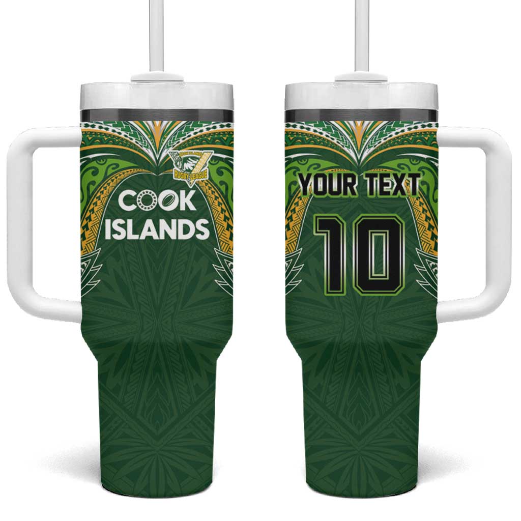 Custom Cook Islands Rugby League Tumbler With Handle Tatau Tribal Motifs-Dark Green Color - Polynesian Pride