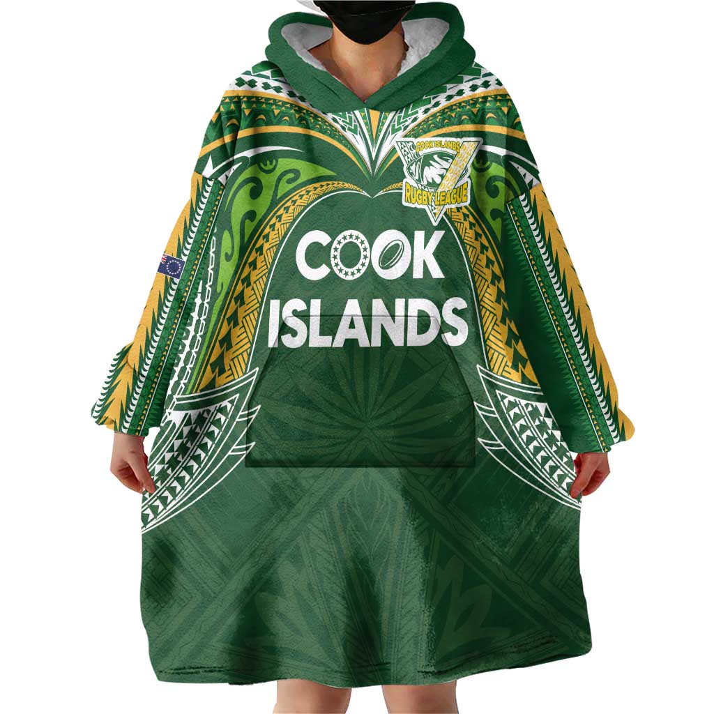 Custom Cook Islands Rugby League Wearable Blanket Hoodie Tatau Tribal Motifs-Dark Green Color - Polynesian Pride