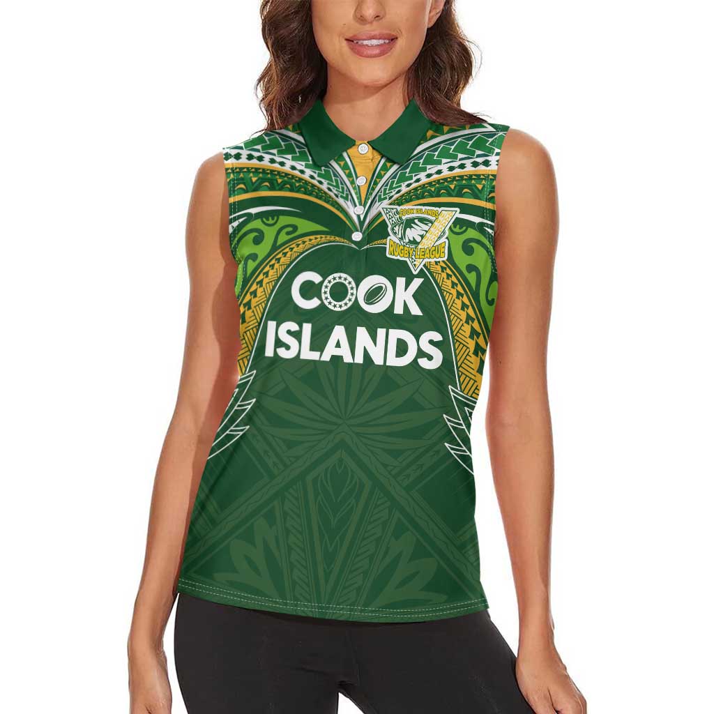 Custom Cook Islands Rugby League Women Sleeveless Polo Shirt Tatau Tribal Motifs-Dark Green Color - Polynesian Pride