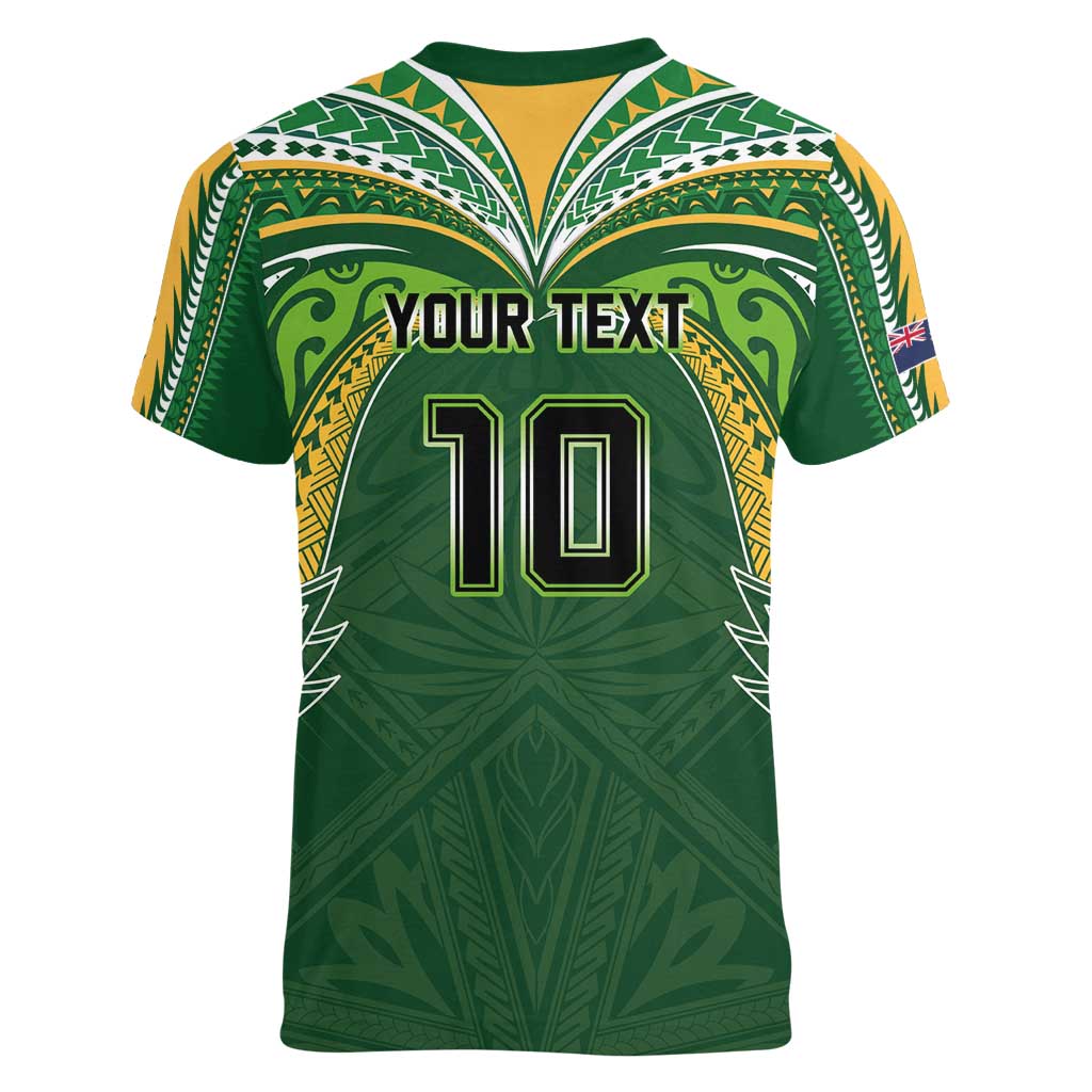 Custom Cook Islands Rugby League Women V-Neck T-Shirt Tatau Tribal Motifs-Dark Green Color - Polynesian Pride