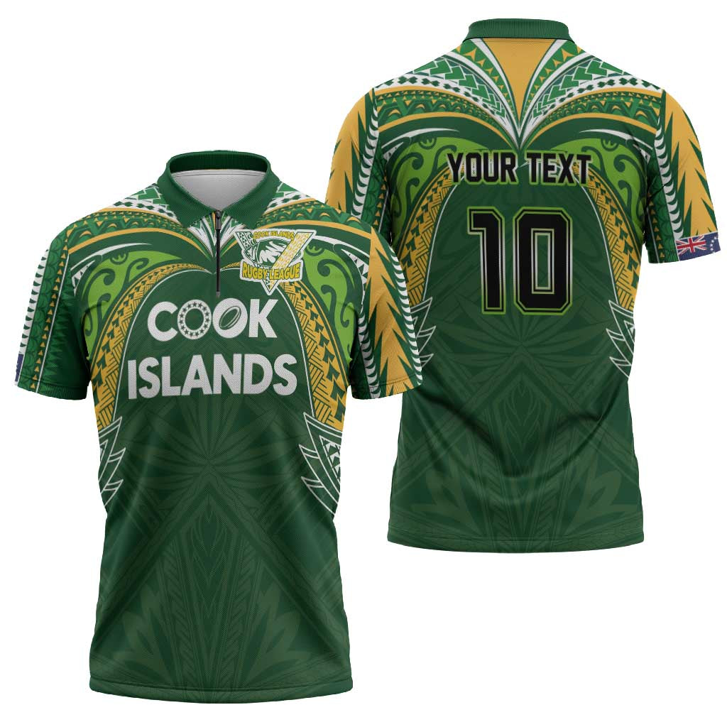 Custom Cook Islands Rugby League Zipper Polo Shirt Tatau Tribal Motifs-Dark Green Color - Polynesian Pride