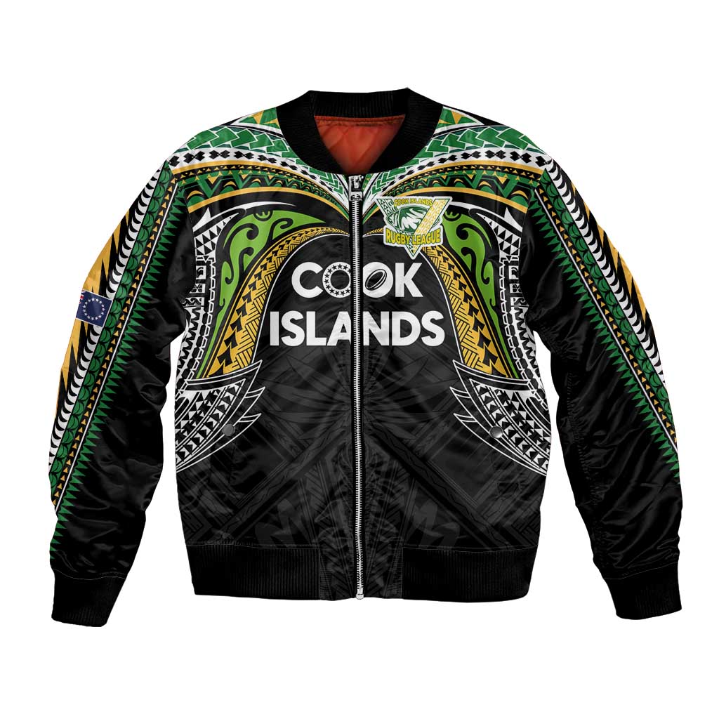 Custom Cook Islands Rugby League Bomber Jacket Tatau Tribal Motifs-Black Color - Polynesian Pride