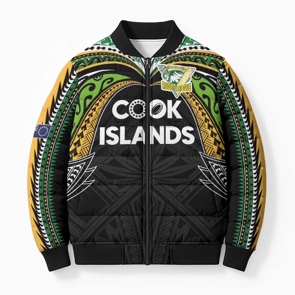 Custom Cook Islands Rugby League Bomber Puffer Jacket Tatau Tribal Motifs-Black Color - Polynesian Pride